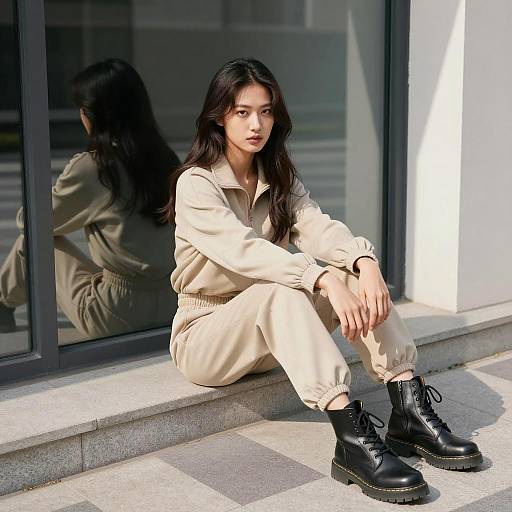 Young Woman in Beige Tracksuit Sitting Outdoors