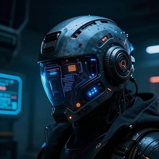 Cyberpunk-style photograph of a futuristic soldier in a dark, metallic helmet with glowing blue and orange LED lights, wearing a black, high-tech suit