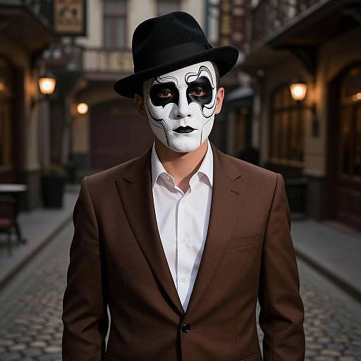 Photograph of a man in a black hat and brown suit, wearing a white face mask with black markings, standing on a cobblestone street in
