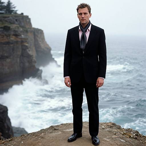 Photograph of a serious, short-haired man in a black suit and tie, standing on a rocky cliff overlooking a misty ocean.