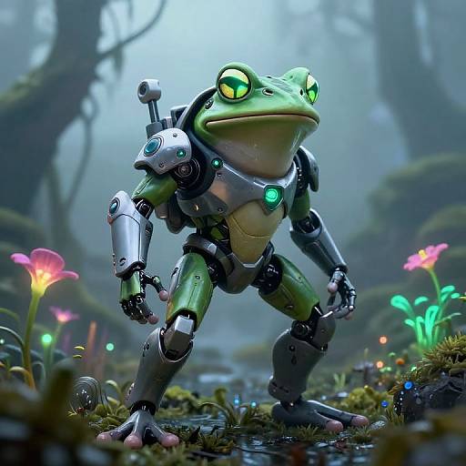 CGI image of a green frog wearing futuristic robotic armor, standing in a misty, colorful forest with glowing flowers and moss.