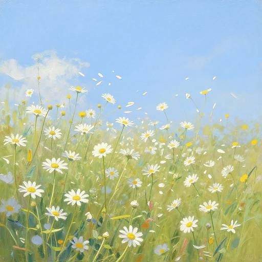 Digital painting of a vibrant field of white daisies with yellow centers, gently swaying under a clear, bright blue sky.