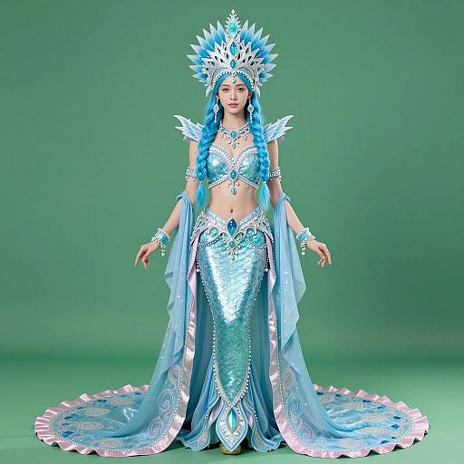 Woman in Elaborate Blue Ice Queen Mermaid Costume