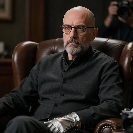 Serious Middle-Aged Man in Brown Chair