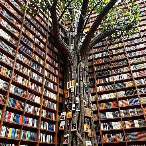 Photograph of a towering tree growing through a vast, multi-story library with shelves of colorful books on every level.