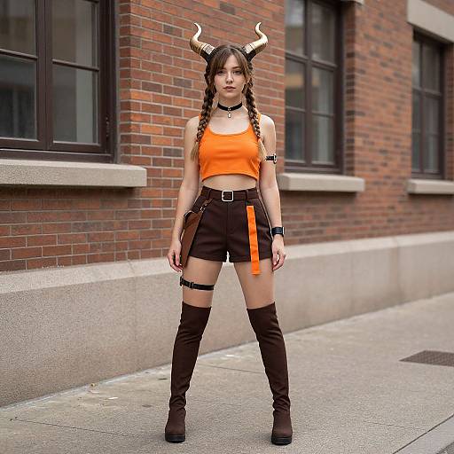 Girl in Horned Costume on Sidewalk