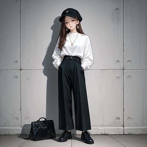 Fashionable Young Woman in Black and White Outfit