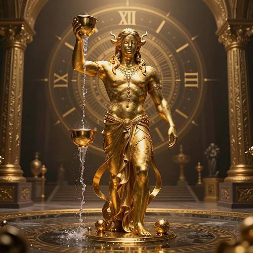 Golden Zodiac Aquarius Statue with Water Flow