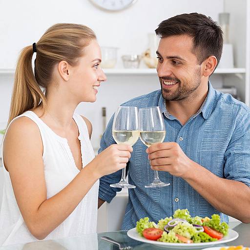 Photograph of smiling couple toasting with wine glasses, woman in white sleeveless top, man in blue shirt, salad on table.