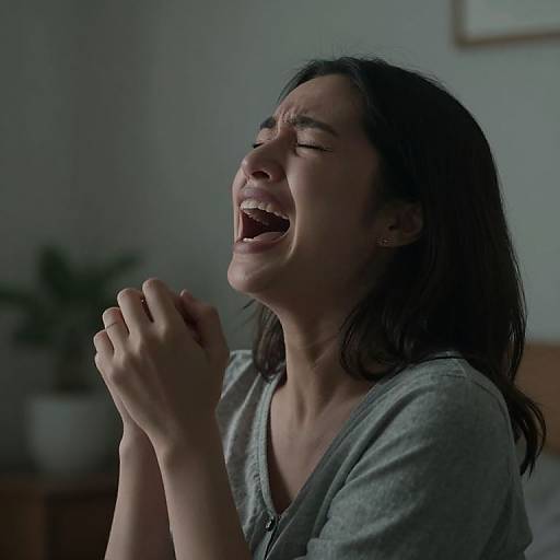 Photograph of a crying woman with dark hair, wearing a gray shirt, clenching her fists, mouth open in anguish, dimly lit room