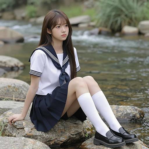 Teenage Girl in Sailor Uniform by River