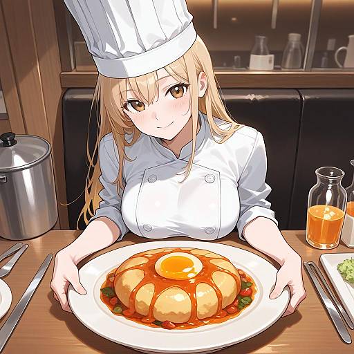 Anime-style digital illustration of a blonde, fair-skinned female chef with large breasts, wearing a white uniform and hat, serving a plated, glazed,