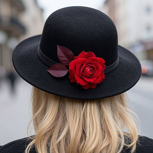 Photograph of a blonde woman from behind wearing a black felt hat with a vibrant red rose and burgundy leaves, on a blurred urban street.
