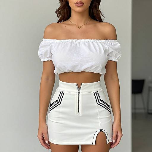 Photograph of a woman with tan skin, dark wavy hair, wearing an off-shoulder white crop top and high-waisted white skirt