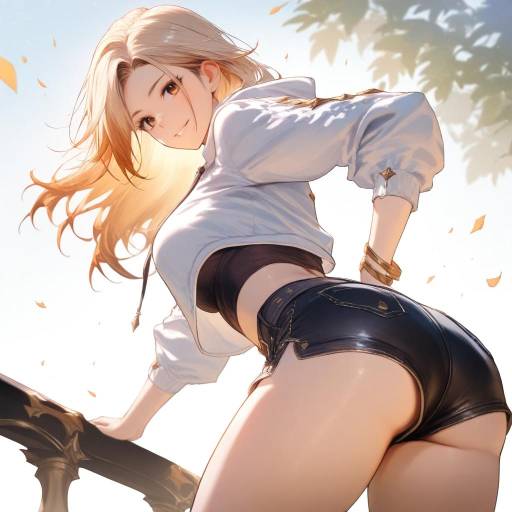 Blonde Anime Girl in White Top and Black Shorts