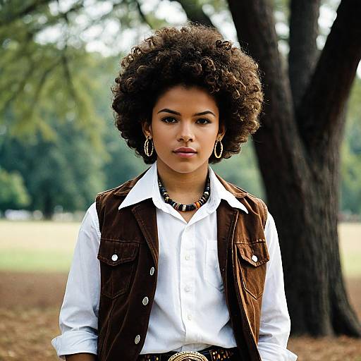 Young man with afro hairstyle in outdoors wearing brown vest