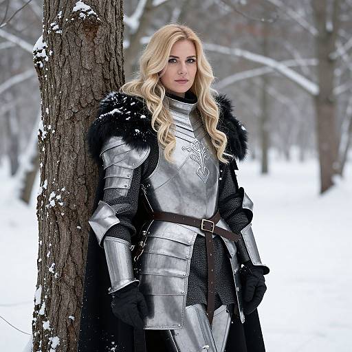 Blonde woman in silver medieval armor with black fur trim, standing by a snow-covered tree in a winter forest. Photograph.