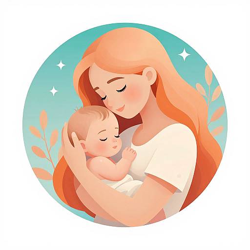 Digital illustration of a red-haired woman with closed eyes, gently cradling a sleeping baby in a white onesie, set against a blue circular background