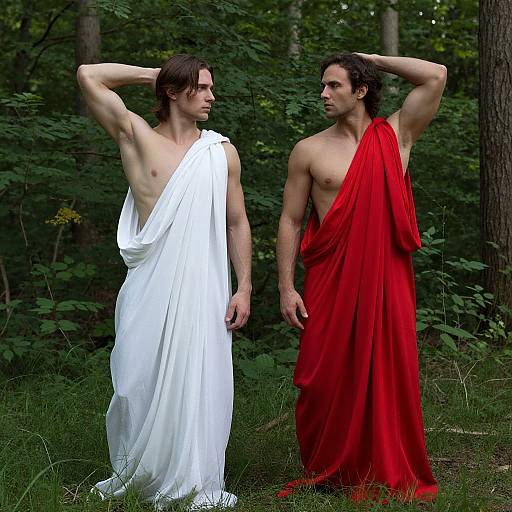 Photograph of two muscular men in classical drapery, one in white, one in red, standing in a lush forest, with arms raised.