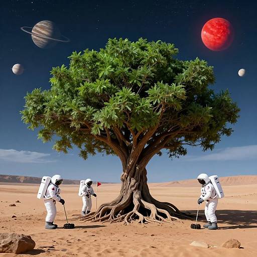 Astronauts Exploring Alien Desert Tree