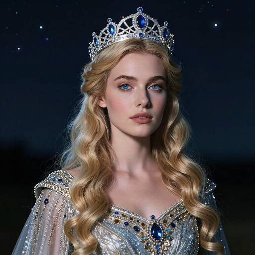 Photograph of a fair-skinned, blonde princess with blue eyes, wearing a sparkling silver crown and elegant, jeweled gown, against a dark star