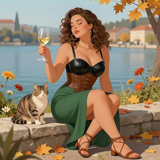 Serene Autumn Woman with Cat and Wine