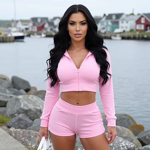 Photograph of a curvy woman with long black hair, tan skin, wearing a pink crop top and shorts, standing by a rocky waterfront with colorful