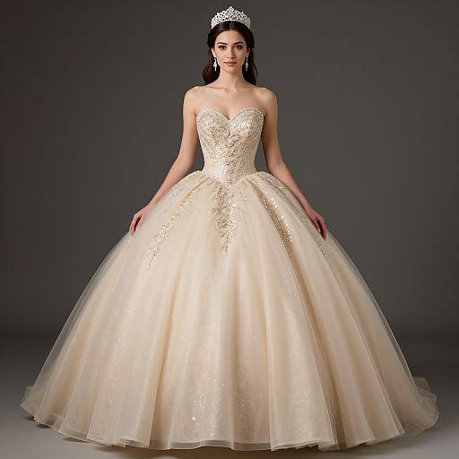 Photograph of a slender woman with fair skin, wearing a strapless, ivory, beaded ballgown with a voluminous tulle skirt and