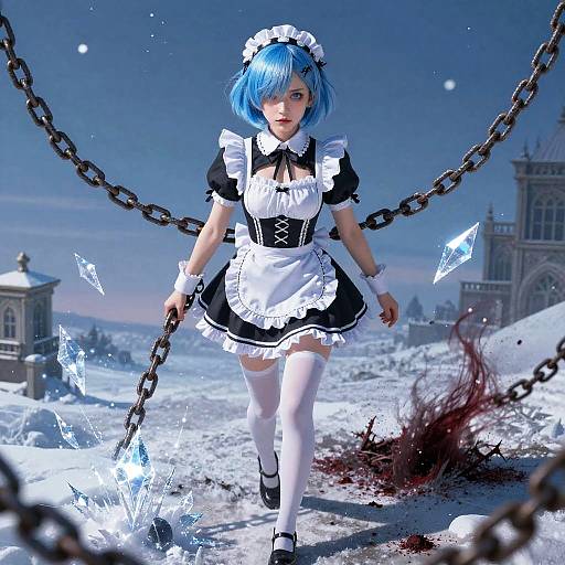 Digital art: Blue-haired anime maid in black and white outfit, holding chains, walking through snowy landscape with blood and ice shards.