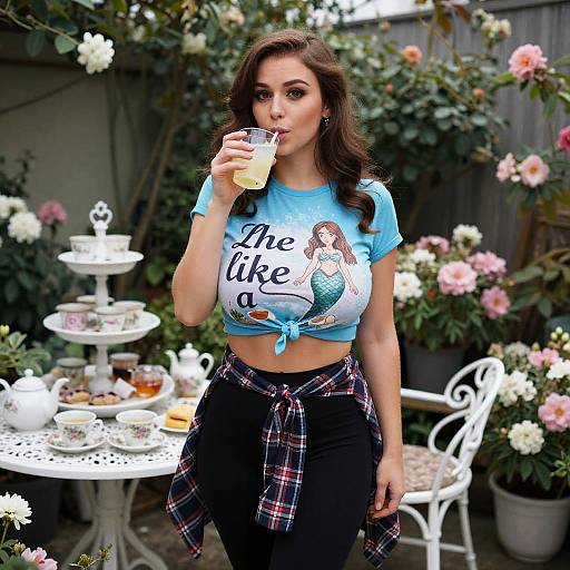 Busty Woman in Garden Tea Room