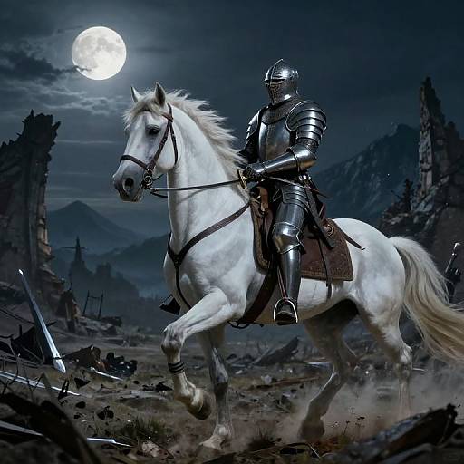 Digital artwork: Knight in silver armor riding a white horse under a full moon in a ruined, dark, mountainous landscape.