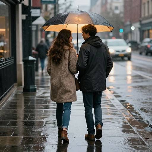 Friends Sharing Umbrella in Rain