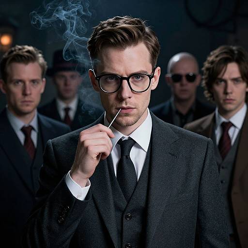 Photograph of a suave man in a black suit, glasses, and tie, smoking a cigarette with blue smoke curling up, surrounded by serious