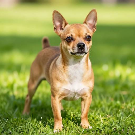 Photograph of a small, light brown Chihuahua with a white chest, standing on lush green grass, looking alert with large, pointed ears