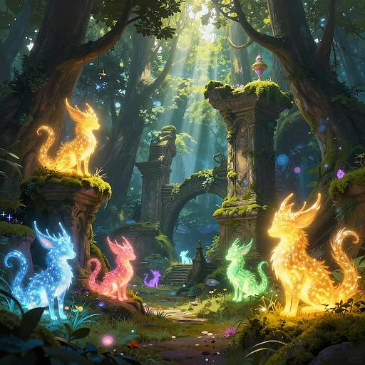 Fantastical forest scene with glowing, colorful dragon-like fire spirits around ancient, moss-covered stone arches, bathed in radiant sunlight filtering through dense