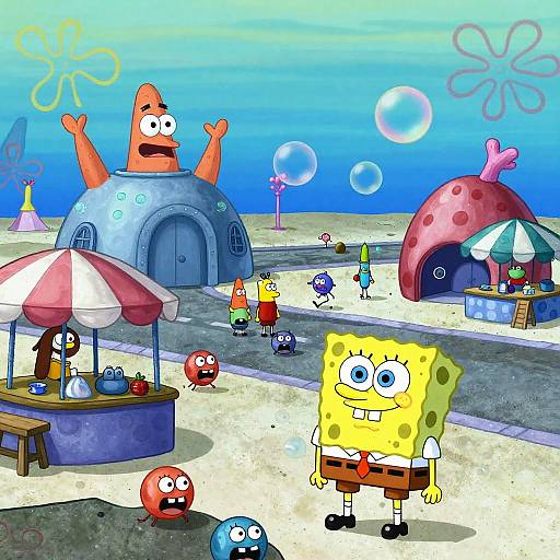 Digital cartoon of SpongeBob SquarePants beach scene: SpongeBob, orange blob, and small characters near food stand, dome hut, and umbrella.