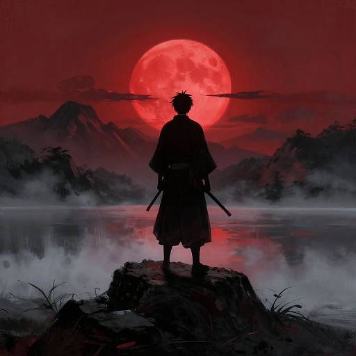 Silhouetted samurai stands on rocky shore, facing large red moon, with swords in hands, against misty mountain landscape. Digital art.