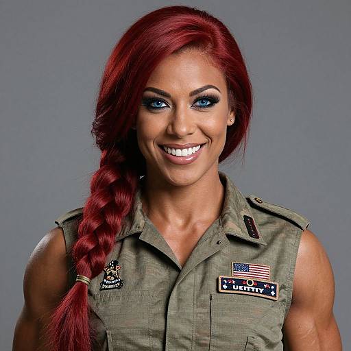 Photograph of a smiling, muscular woman with long red braid, blue eyes, wearing a green military-style sleeveless shirt, gray background.