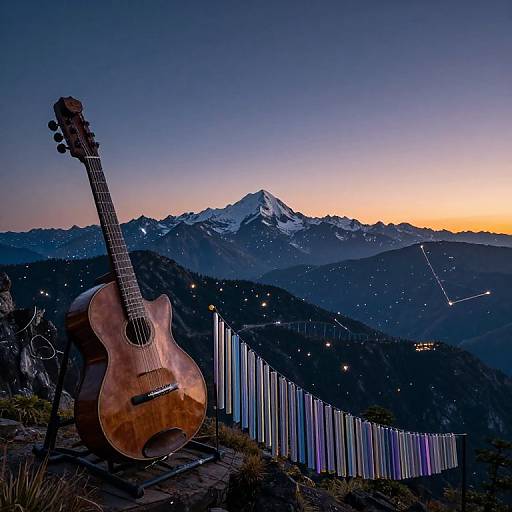 Photograph of a wooden acoustic guitar leaning on a stand, overlooking a twilight mountain range with a snow-capped peak and colorful sunset sky.