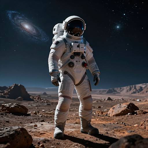 Photorealistic image of a lone astronaut in white spacesuit standing on a rocky, lunar-like planet, with a starry night sky and distant galaxy