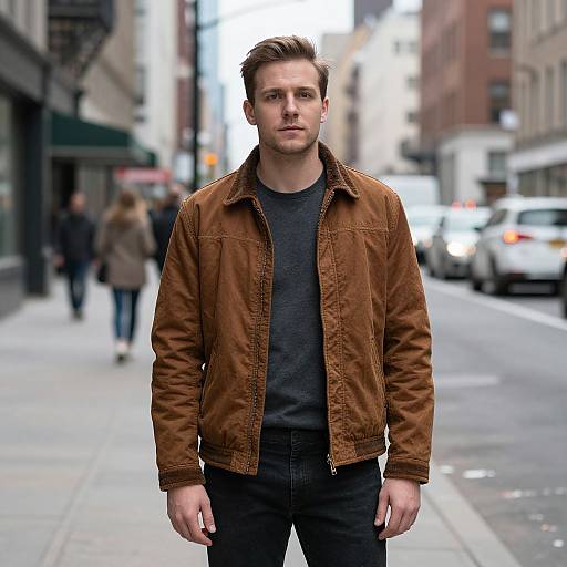 Man in Brown Jacket on City Street
