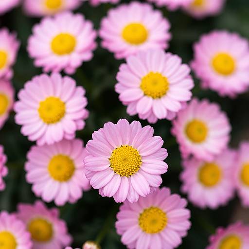 Close-up photograph of pink daisy flowers with bright yellow centers, set against a blurred dark green background.
