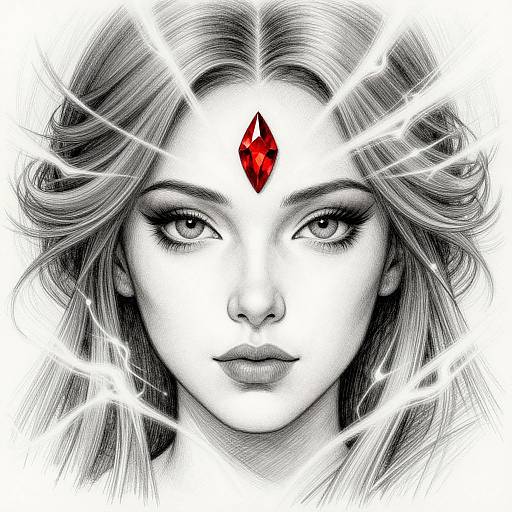 Monochromatic digital drawing of a mysterious woman with long, wavy hair, glowing red gem on her forehead, surrounded by radiant white lines.