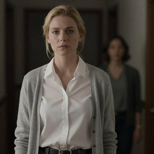 Photograph of a serious blonde woman with fair skin in a white button-up shirt and gray cardigan, standing indoors with a blurred second person in the