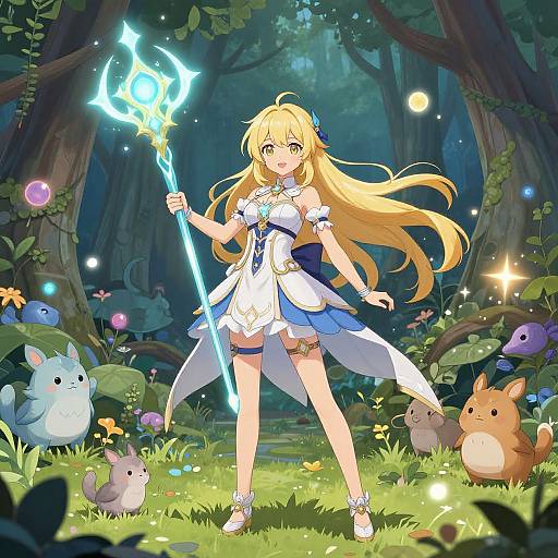 Anime-style digital illustration of a blonde, blue-eyed, fair-skinned girl in a white and blue magical dress, holding a glowing staff, surrounded by