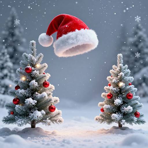 Photograph of two snow-covered Christmas trees with red ornaments, glowing lights, and a red Santa hat mid-air against a snowy, starry backdrop.