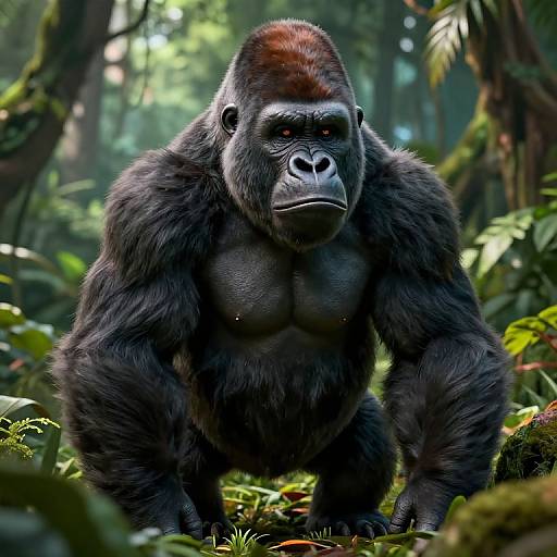 Photorealistic CGI of a muscular, dark-furred silverback gorilla with a reddish mane, crouching in a lush, sunlit