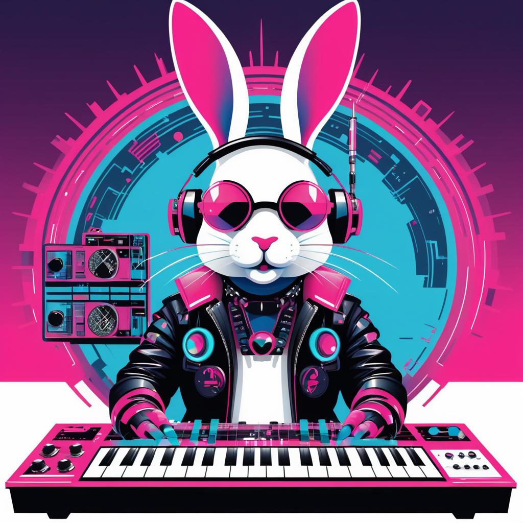 Retro Cyborg Rabbit Playing Synth