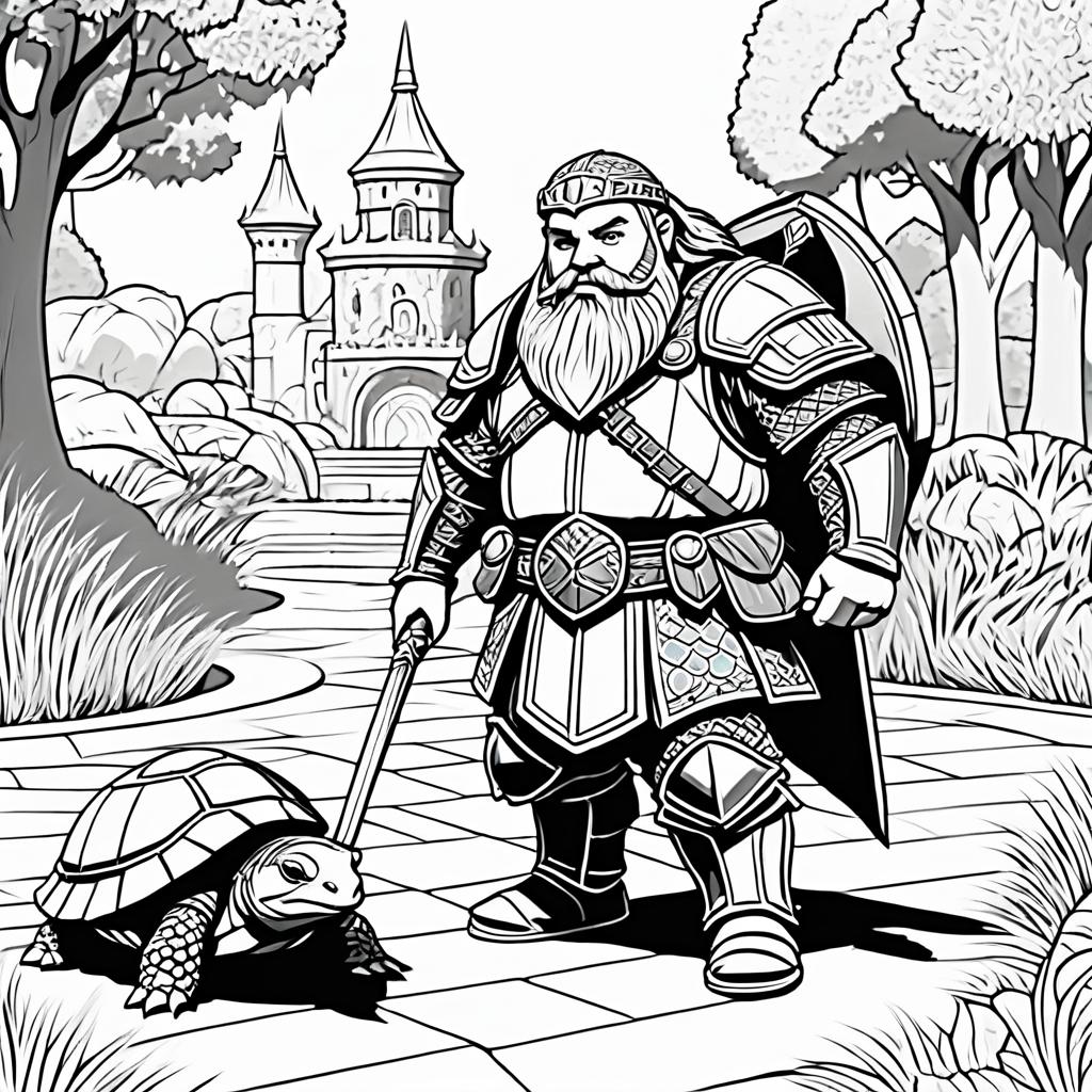 Noble Dwarf Walking a Turtle in Fantasy Park