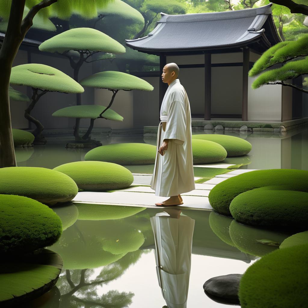 Contemplative Monk in Serene Temple Garden